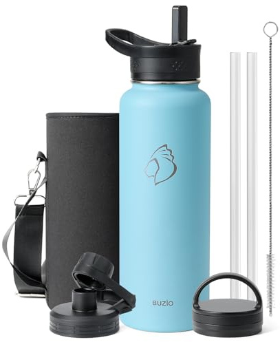 BUZIO Borraccia termica da 1180 ml, con cannuccia, 3 coperchi e custodia per il trasporto, a prova di perdite, antiscivolo, in acciaio inox, borraccia termica per 48 ore, doppio sottovuoto, senza BPA
