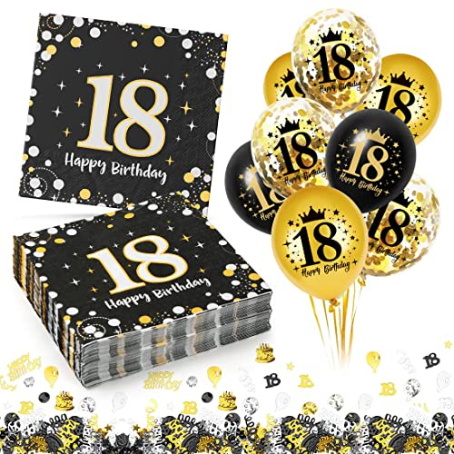 18. Geburtstag Deko Servietten 30 Stück+18 Stück Schwarz Gold Luftballons+ Konfetti Set, 18 Geburtstag Mädchen Junge Jubiläum Servietten, 3-Lagig 18 Serviette 33x33cm,Geburtstagsservietten