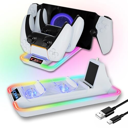 AriKroii RGB Chargeur pour PS Portal,Support de Chargeur Manette pour Deux PS5,14 Effets Lumières RGB pour PS Portal Remote Player/Manettes PS5