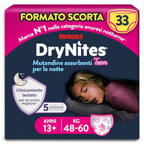 Huggies DryNites flickblöjor 13+ (48–60 kg), kliniskt testad med 5 lager maximalt totalt nattskydd 11 engångsblöjor på natten