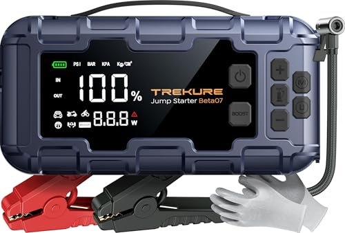 TREKURE 10-in-1 Booster Avviamento Auto da 7000A e PD 45W Ricarica Rapida, Avviatore Emergenza per Auto con Compressore 160PSI, Guanti e Luci, Avviatore Batteria per Tutti Gas o 12L Diesel