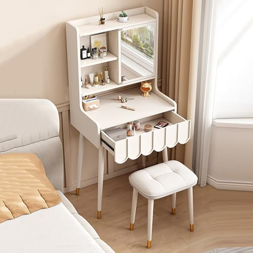 FUKEFUZ Schminktisch Mit Spiegel Und Ohne Licht, Schminktisch Mit Stuhl Fürs Schlafzimmer, Weißer Schminktisch, Großer Stauraum, Bequemer Hocker, Umweltfreundliche Materialien E1(B,23.6in)