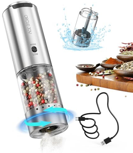 CIRCLE JOY Ricaricabile Macinapepe Elettrico in Acciaio Inossidabile con Contenitore Trasparente da 95ml, Luce LED Bianca, Grossolanità Esterna Regolabile e 2 Velocità di Macinatura, Argento