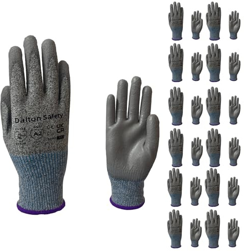 Dalton Safety 12 Pairs Of XS Cut Resistant Level 3 Work Gloves, HPPE Knitted Cuff, PU Coated Palm & Fingertips. Perfect For General Duty, Gardening, Glass Cutting & Sheet Metal Handling