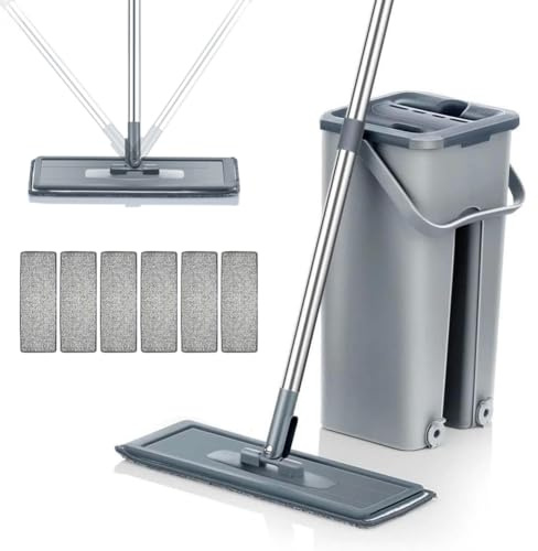 Mopa Multifuncional para Azulejos Paredes y Suelos con Cubo Escurridor Sistema Autoescurrible Cepillo 6 Almohadillas de Microfibra Trapeador Escurre Fácil Mop Ventanas Limpieza Tarima Atrapa Polvo