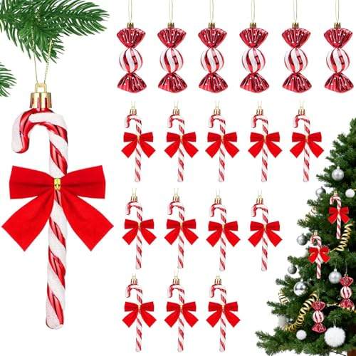 18 Stück Weihnachtsbaumschmuck, Weihnachtsbaum Deko Rot Christbaumschmuck Baumschmuck Weihnachten, Weihnachtskugeln Zuckerstangen Deko Weihnachtsbaum Schmuck Anhänger Christmas Decorations (Rot)
