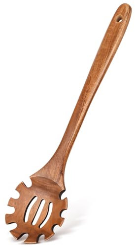 Cuchara de espaguetis de madera para pasta con dientes, cuchara de colador de espaguetis de pasta ranurada de teca para cocinar, servir, coleccionar, tenedor de pasta de madera con garras, colador de