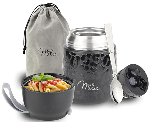 Milu® Thermobehälter 450 ml | Edelstahl Warmhaltebehälter | Essensbehälter | Speisegefäß Babynahrung | Essen warmhalten Behälter | Thermo Lunchbox | Müsli to go |Black Leopard, 450ml