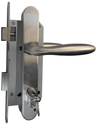 Set of Mortice Lock for Garden Door Re/Left Interchangeable with Stainless Steel Handles + Rounded Door Plate + 3 Security Keys - Silver