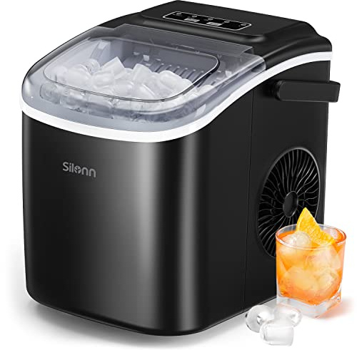 Silonn Máquina de cubitos de hielo autolimpiable, 12 kg/24 h y 9 cubitos de hielo en 6 min. 2 tamaños (pequeño/grande), pequeña máquina de cubitos de hielo compacta para cocina, oficina, bar, fiesta