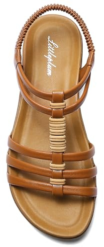 Littleplum Women Flat Sandals Arch Support Summer Gladiator Sandals Comfortable Dressy Walking Shoes for Women Brown Size 8.5