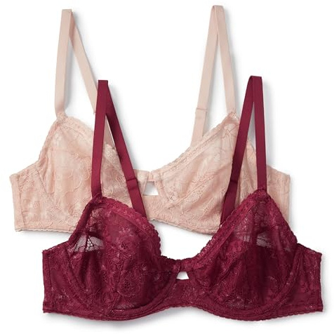 Amazon Essentials Sujetador Balconette de Encaje Elástico Mujer, Paquete de 2, Burdeos/Pétalo Claro, 90C