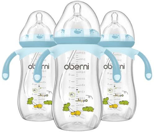 Oberni Babyflasche 330 ml, 11oz, beschwerter Strohhalm, Kleinkind-Milchflasche mit variablem Sauger (Größe +), ab 12 Monaten, Blau/3 Stück