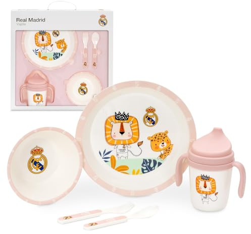 Interbaby - Set de Vajilla Infantil 5 Piezas Real Madrid Rosa | Plato llano, Bol, Cubiertos y Vaso antigoteo | Apto para Lavavajillas | Apto para Microondas | Licencia Oficial | Libre de BPA