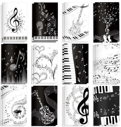 24Pcs Mini Music Notepads Set, Black and White Musical Small Memo Pocket Notebook – 12 Music Designs (2 of Each), 16 Pages Horizontal Line Notebook for Musical Party Supplies, Musics Theme Stationery