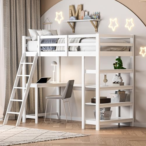 FOERPL Hochbett 90 x 200 cm mit Schreibtisch und Ablage, für Kinder und Jugendliche, weißes Hochbett aus Holz, multifunktionaler Stauraum