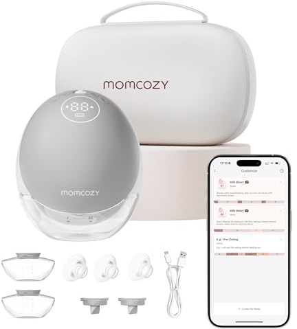 Momcozy M9 Mobile Flow Milchpumpe Elektrische handsfree 1 Pack Hellgrau | Freihändige, tragbare Brustpumpe mit App-Steuerung, personalisierbaren Multi-Modi, 15 Saugstufen & 24 mm Brusthaube (150 ml)