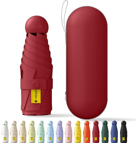 Betrynidil Taschenschirm, 6-Rippen Mini Regenschirm mit UV-Schutz & Kapselhülle, Winddichter & Kompakter Reiseschirm für Männer und Frauen (Weinrot)