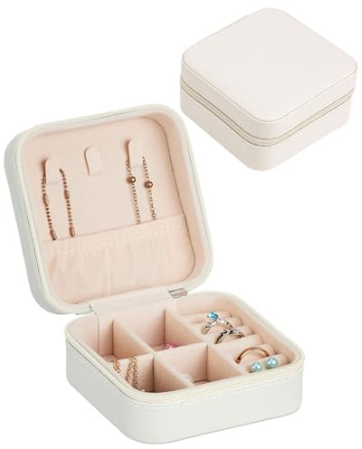 HUVZOR 1 pieza Caja Joyero de Viaje, Caja de Joyas Pequeña, Joyero Portátil, Cremallera, Revestimiento Peluche,Idea de Regalo(blanca)