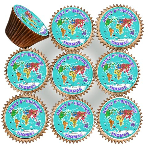 30 x WORLD MAP BIRTHDAY PERSONALISED EDIBLE ICING 3.8 cms CUPCAKE TOPPERS DECORATIONS M-006
