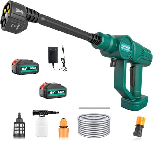 Akku Hochdruckreiniger,18V Kabellose Druckreiniger mit 2x5500mAh Akku,6-in-1 Drehbare Düse,Tragbarer Akku Druckreiniger Pistole für Mobile Reinigung und Bewässerung,Autowäsche