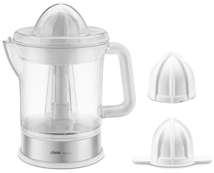 Ufesa Stamina Elektrisk citronpress 40 W, stor kapacitet 1 l, 2 utbytbara kottar, dubbel rotationsriktning, BPA-fri, automatisk start, avtagbara delar och dammskydd