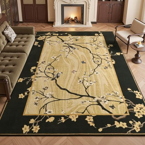 Oprein 6x9 Area Rug for Living Room, Washable Oriental Black Gold Floral Rug, Large Soft Low Pile Non Slip and Stain Resistant Carpet for Bedroom Dining Room Farmhouse Office Home Decor