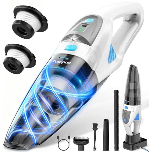Topipop Aspiradora de Mano sin Cable, Aspirador de Mano con 25000Pa de Succión, Batería 8000mAh y Filtro HEPA Lavable, con Luz LED, 3 Accesorios y Base de Carga para Coche, Hogar y Pelo de Mascotas