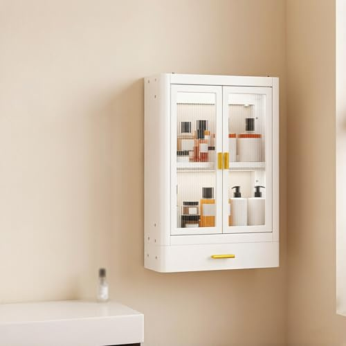 Wall Mounted Bathroom Cabinet with Doors, Carbon Steel Medicine Cabinet with Adjustable Shelf and Bottom Drawer for Kitchen, Laundry Room(White,Double doors 40 * 14 * 61cm/15.7 * 5.5 * 24in)