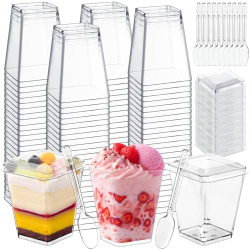 Frogetu 50 stycken dessertglas, 160 ml dessertglas plast, återanvändbara fyrkantiga dessertkoppar, klara dessertskålar med lock, för mousse pudding glass, buffé party födelsedag picknick