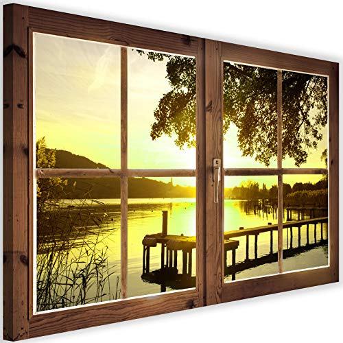 Feeby Imagen Moderno Ventana Falsa Impresión Lienzo Atardecer Amarillo 60x40 cm