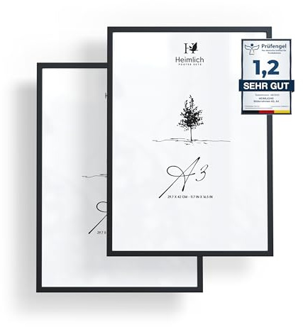Heimlich® - Bilderrahmen - A3 29,7x42 cm, Kiefernholz, Schwarz, 2er-Pack - Kleine Posterrahmen - Nur zur Wandmontage