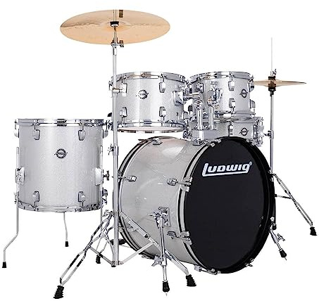 Ludwig Accent 5-piece Complete Drum Set - 20-inch Bass Drum and Cymbals, Silver Sparkle