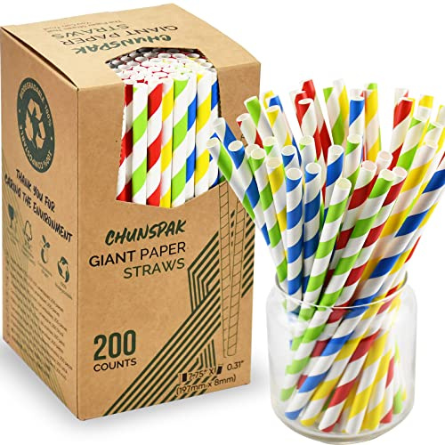 [200 Pack] Chunspak 7.75 Inch Giant Colorful Striped Paper Drinking Straws 0.31/ 8mm Wide, for Smoothies, Milkshakes, Regular Drinks - Biodegradable