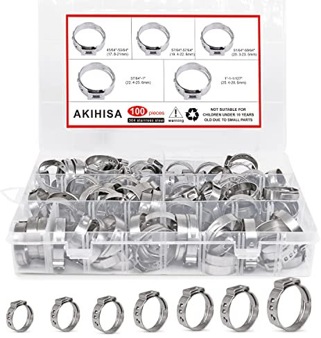 AKIHISA 100Pcs 5 sizes Single Ear Hose Clamps, 21-28.6 mm 304 Stainless Steel Pex Crimp Rings Kit, Crimp Hose Clamp Assortment Set for Securing Pipe Hoses and Automotive Use