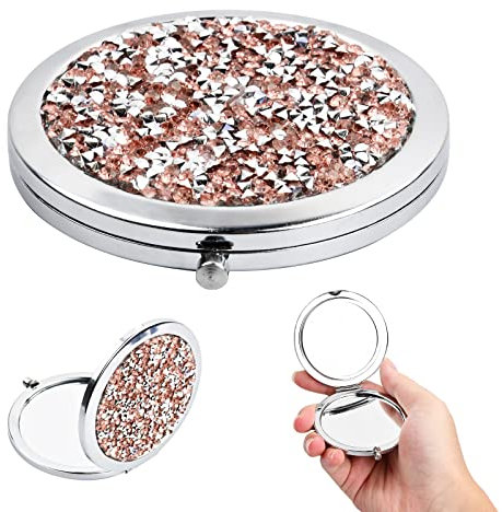 KYSUN 7 cm Taschenspiegel, Tragbarer Taschenspiegel, Runder Tragbarer Handspiegel, Mini Schminkspiegel 1X / 2X, Kompakter Kosmetikspiegel, Faltbar & Doppelseitig für Frauen Mädchen, Rosa Diamant