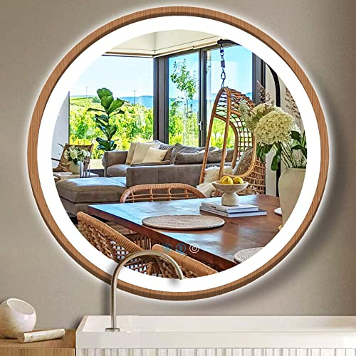 ARUMMA Holzrahmen, runder LED-Badezimmerspiegel mit Lichtern, 50.8 cm, Holz, rund, beleuchtet, Spiegel für Badezimmer, Wand, Schminktisch, Badezimmer, intelligenter Kreisspiegel