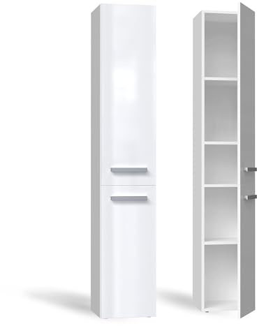 CDF Badezimmerschrank Badschrank Schmal Hoch, ohne Wäschekorb Breite: 31 cm, Badezimmermöbel Aufbewahrungsschrank für kleine Räume Badregal Badmöbel WC Flur - Weiß Glanz 30x31x170 cm