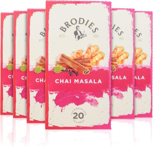 Brodies Chai Masala Tea Tag and Envelope - 6 Tea Boxes of 20 Tea Bags each (120 Tea Bags) - Classic Indian Black Tea blended with Spices for a rich flavour and aroma