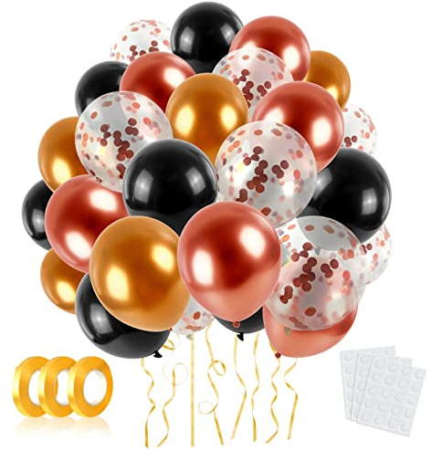 LAPONO 60 Luftballons Geburtstag Deko Set 30 cm, Schwarz Gold Roségold Luftballons aus Latex mit 10 Konfetti Luftballons, 3 Ballonbänder und 3 Klebepunkte, Helium oder Luft, Party Hochzeit