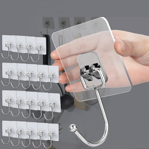 BAIEUEJO 20 Stücke Klebehaken, Transparente Haken kein Bohren,Selbstklebend Hake,Selbstklebender Wandhaken für Schlafzimmer/Bad/Küche/Decke (maximale Last 20kg)