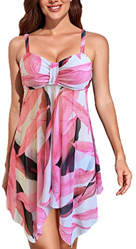 CIZEUR Tankini Maillot de Bain 2 Pieces Femme Push up Bretelles Réglables Jupe de Bain Imprimé mit Slip Beachwear，M Rose et Blanc