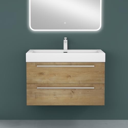 Mai & Mai Badmöbel-Set Waschbeckenunterschrank 90x48x60cm Kerneiche | Waschtisch mit Unterschrank inkl. Mineralguss-Waschbecken, Quadratto