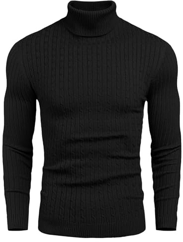 COOFANDY Men's Turtleneck Knitted Cotton Sweater Slim Fit Plain Turtleneck Pullover Men Black L