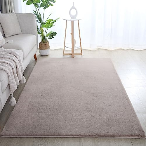 Carpetsale24 Rabbit Hochflor Teppich 140x200 cm Beige Shaggy Modern Flauschig Weich Fellteppich Kunstfell Einfarbig für Wohnzimmer Schlafzimmer Esszimmer
