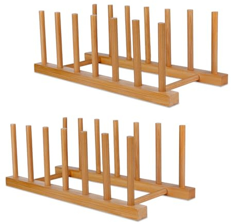 SAMEBUTECO Bambus-Geschirrständer aus Holz, vertikales Abtropfgestell, Küchenschrank-Organizer für Geschirr, Töpfe, Deckel, Schüsseln, Tassen, Schneidebretter und Bücher (2 Packungen)