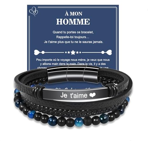 VGWON Cadeau pour Homme Bracelet cuir VéRitable avec Pierres Naturelles, Cadeau pour Couple Mari Petit-Ami Fils Papa Grand pere, Cadeaux Saint-Valentin Fete des Peres NoëL Anniversaire 237