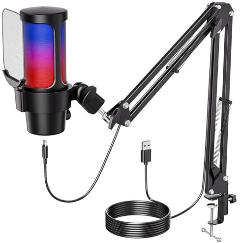 OBVHNUA USB Micro Gaming kit Microphone PC RGB avec Support de Bras Microphone à condensateur Antibruit avec Silence Gain Plug and Play pour Streaming Jeux Podcast pour Ordinateur Mac PS4/5 Twitch
