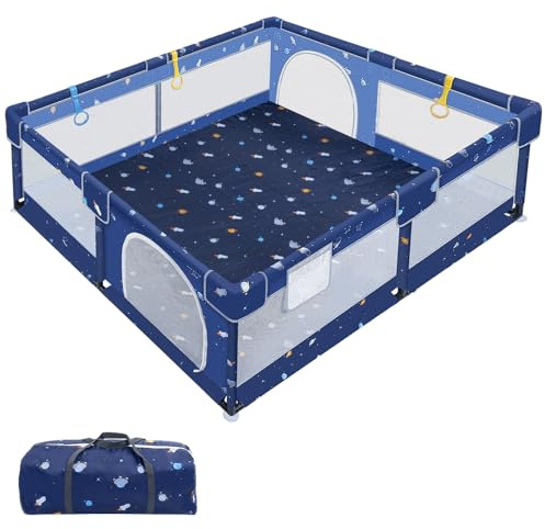 XMTECH Laufstall Baby, 130x130cm Laufgitter Baby, Laufstall für Apartment, Laufgitter Faltbar Absperrgitter Mit Atmungsaktive Netz Schutzgitter Kind Playpen Set mit Sicherheitsspielplatz, Dunkelblau