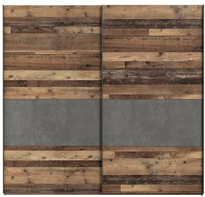 Forte Armadio CLIF 220, Guardaroba, Ante Scorrevoli Vintage Camera da Letto 2 Ante, Decoro Legno: Old Wood Vintage/Effetto Cemento Grigio Scuro, 220x210.5x61 cm